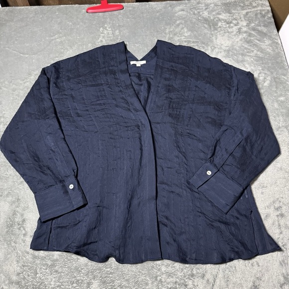 VINCE Navy Blue Stripe Popover Blouse Flowy Drapey V Neck Blouse Size L - Picture 1 of 8
